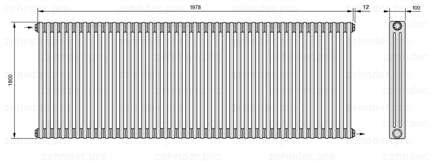 Схема (чертеж) Радиатор Zehnder Charleston 3180/43 №1670 Белый глянцевый RAL 9016